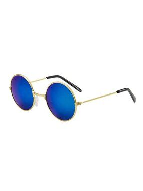 Retro Round Sunglasses With Gold Metal Frame Blue Metallic Lenses